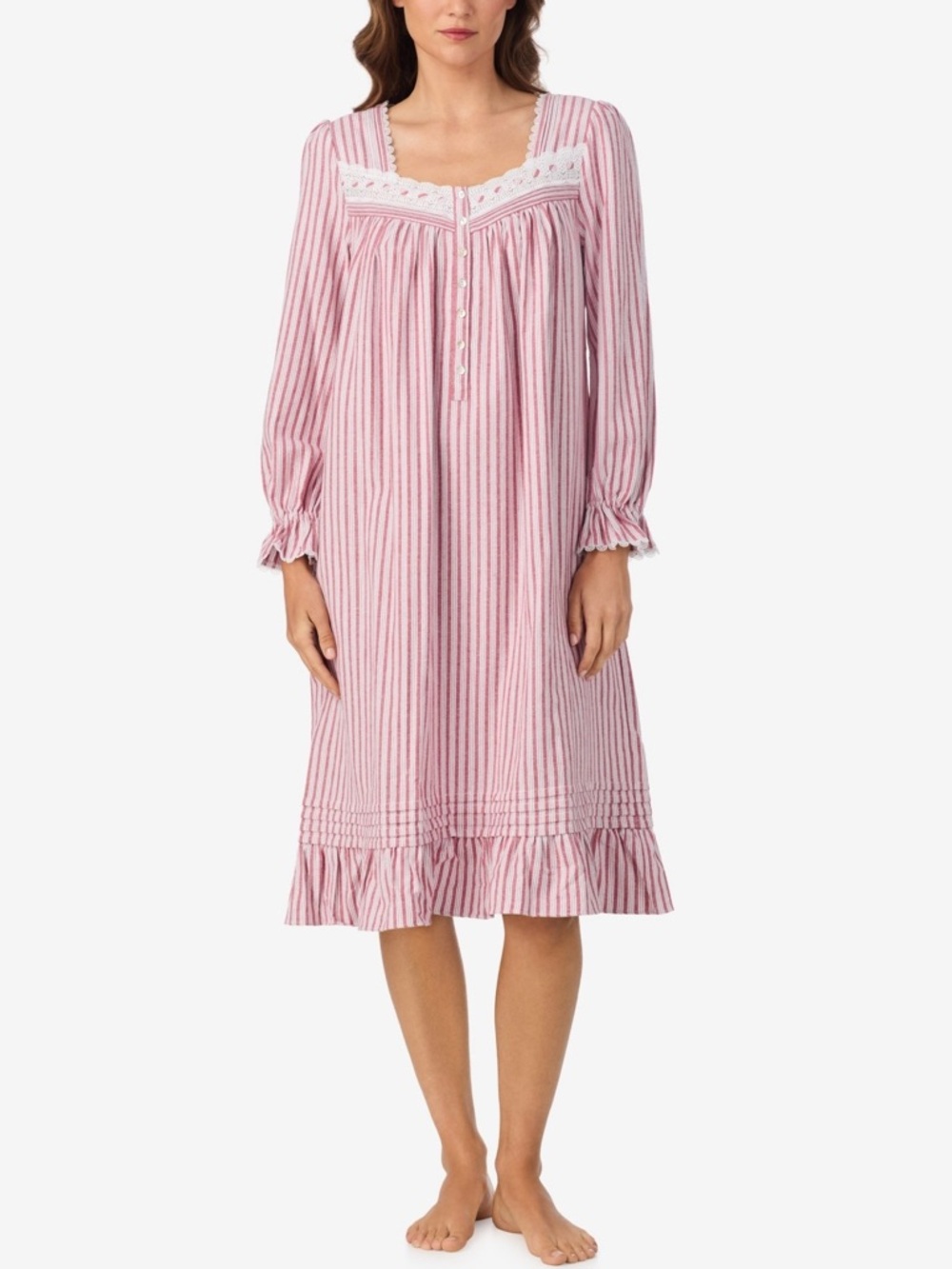 Eileen West Pink and White Striped Lace-Trim Nightgown - Picture 2 of 5
